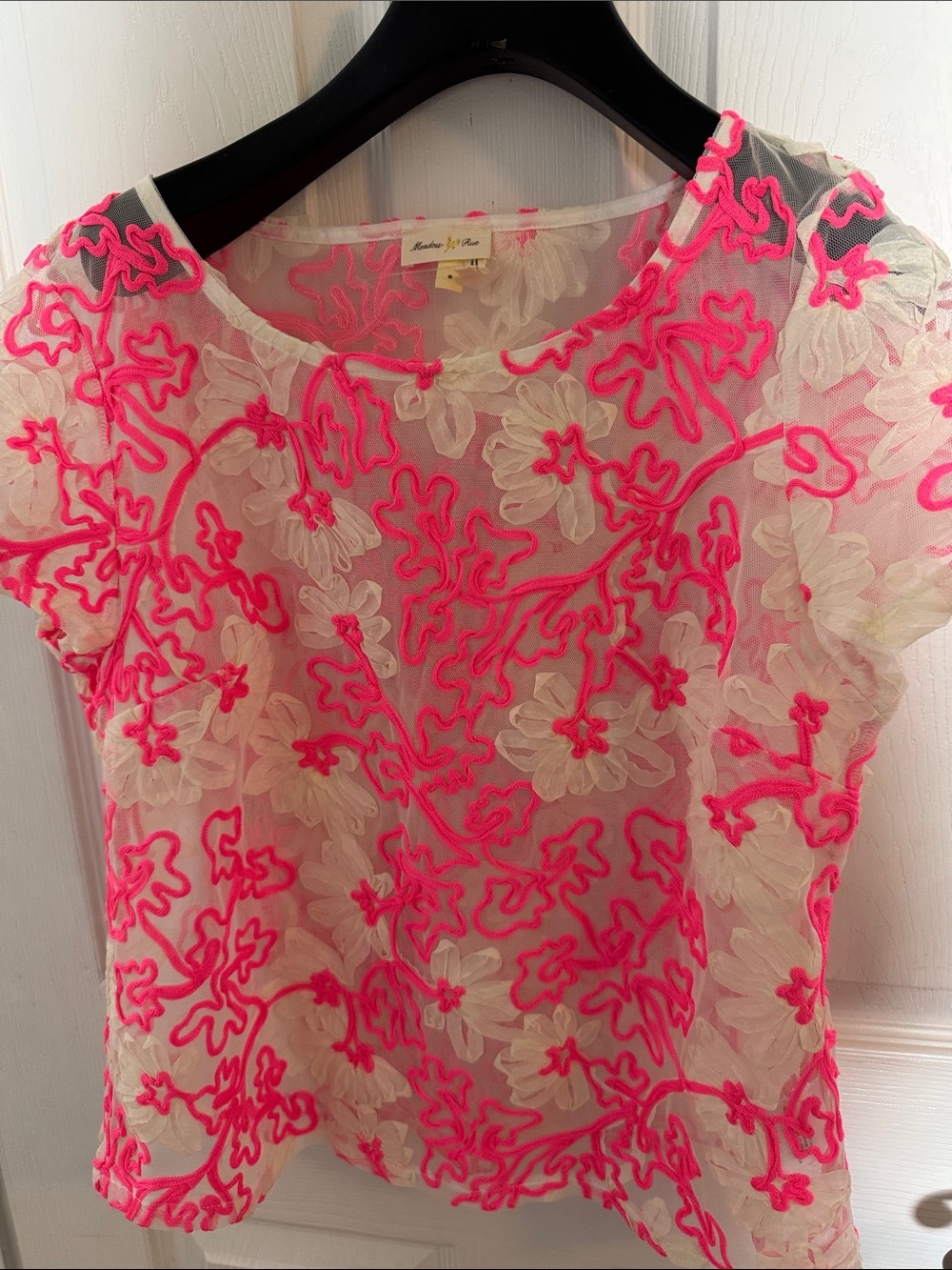 Floral Mesh Top with Neon Pink Embroidery
